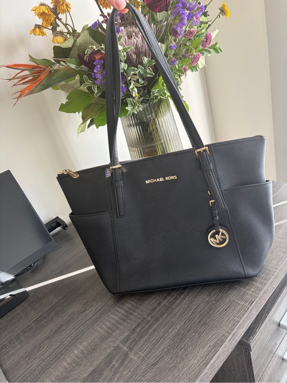 Michael Kors Black Saffiano Shoulder Tote with Gold Accents
